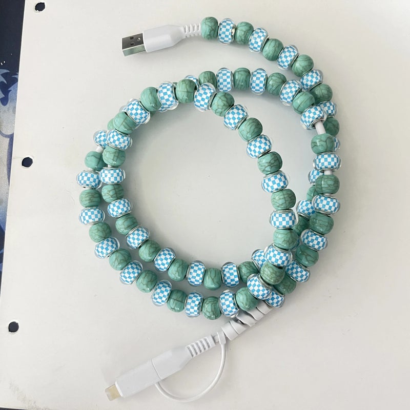 Bluejw 2-in-1 Plaid Beaded Fast Charger Cord 1M, Type-C USB & Lightning, Cute Pearl Phone Charging Cable for iPhone/Android, Car/Computer Compatible, Automobile Charger Gift - Image 4